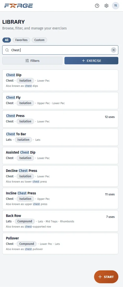 Forge exercise library screen