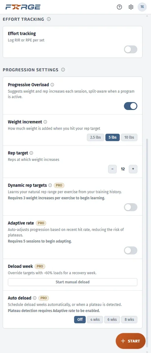 Forge training plan screen