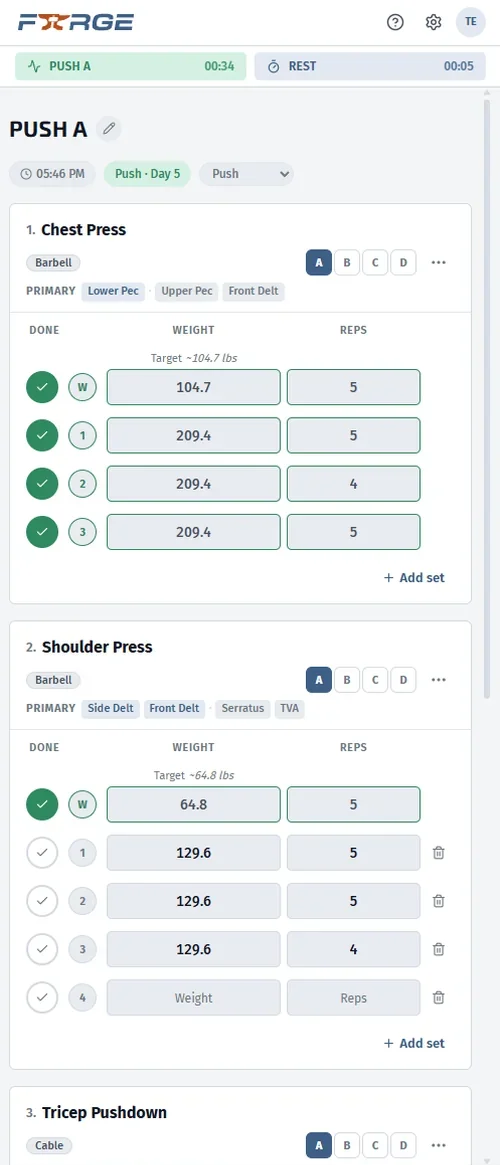Forge workout logging screen